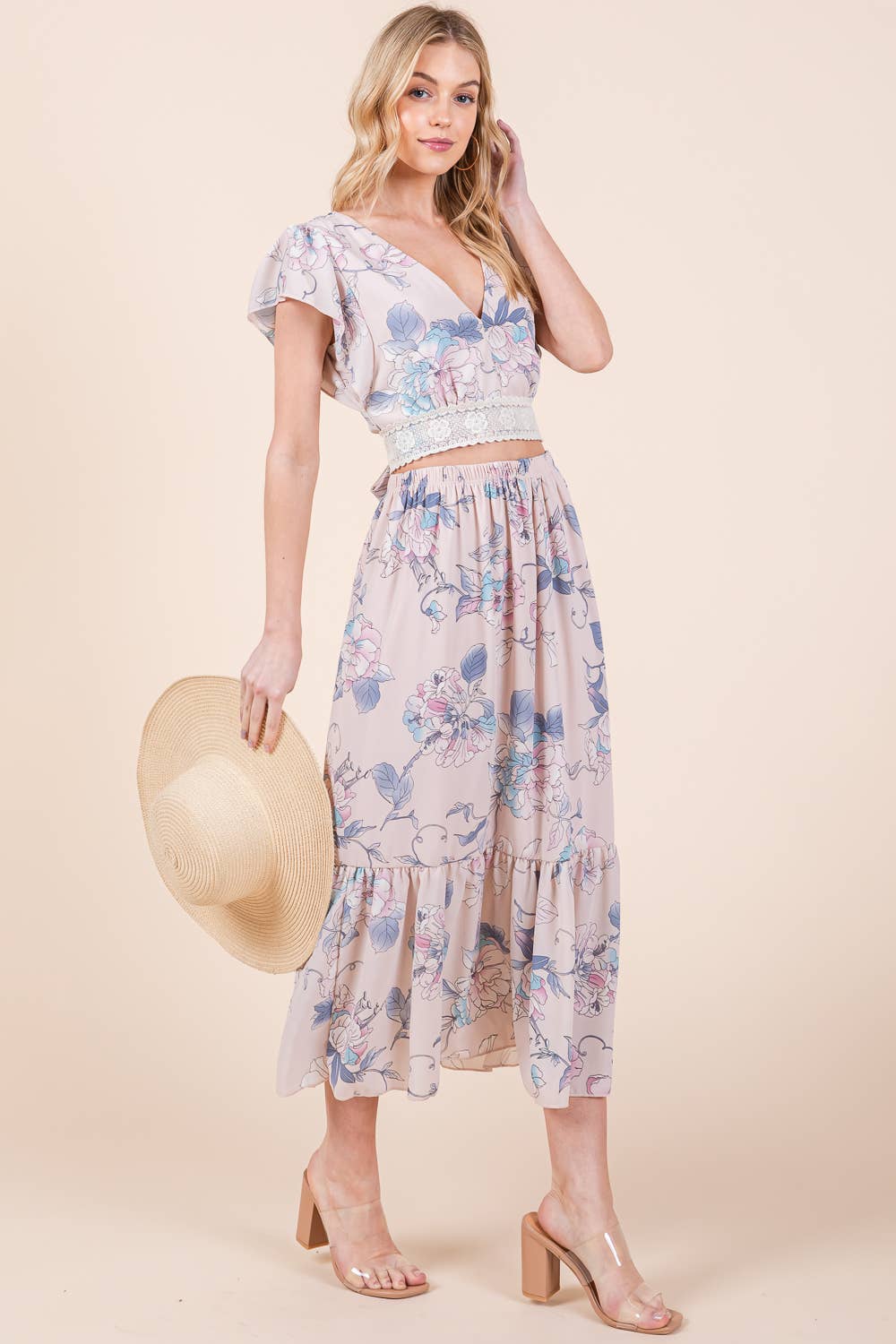 Floral Tie Back Blouse and Skirt Set