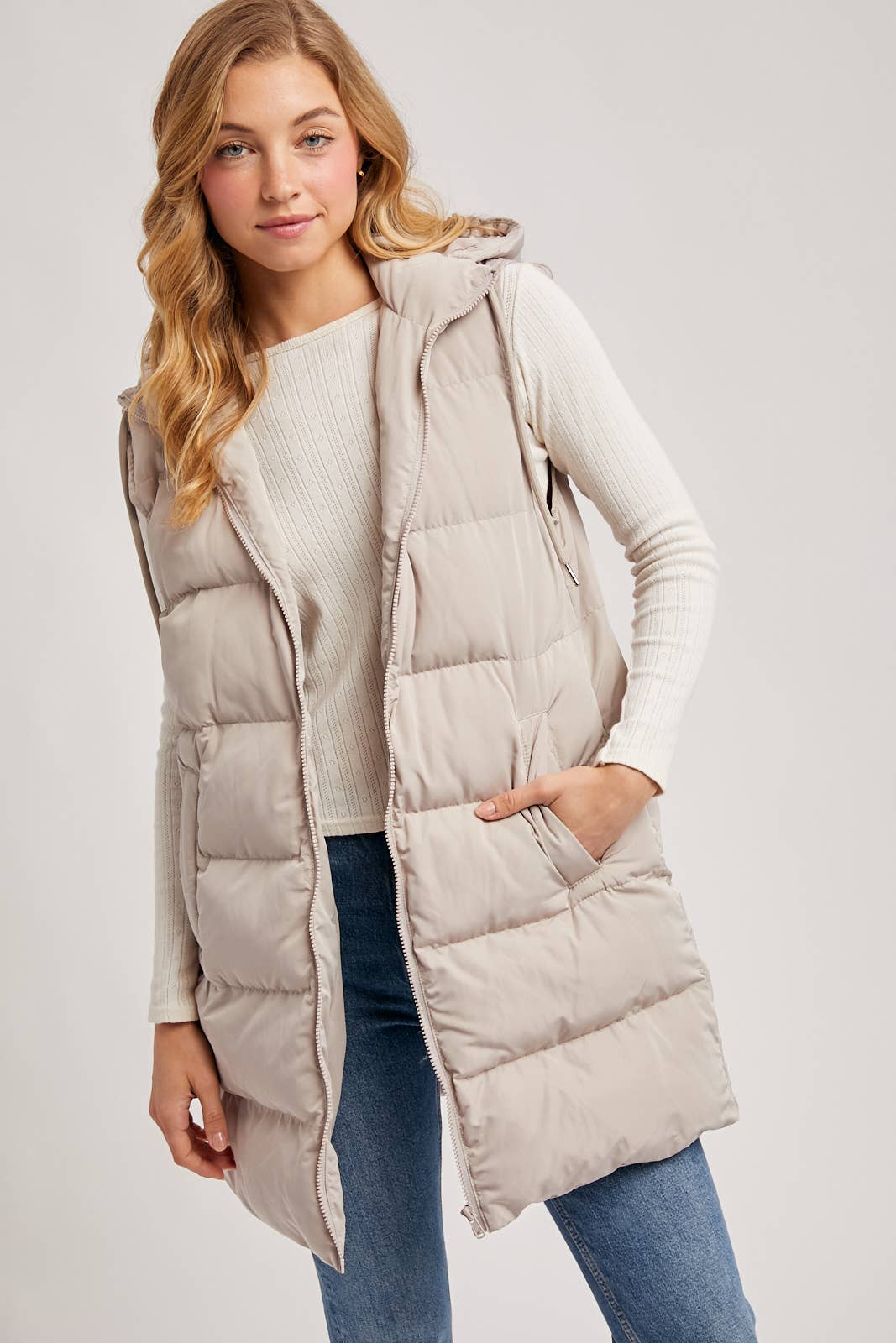 HOODED DOWN LONGLINE PUFFER VEST