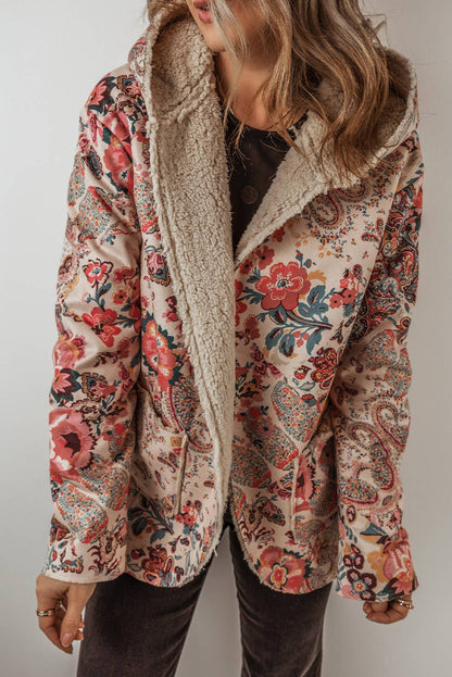 Paisley Floral Print Sherpa Lined Hooded Jacket