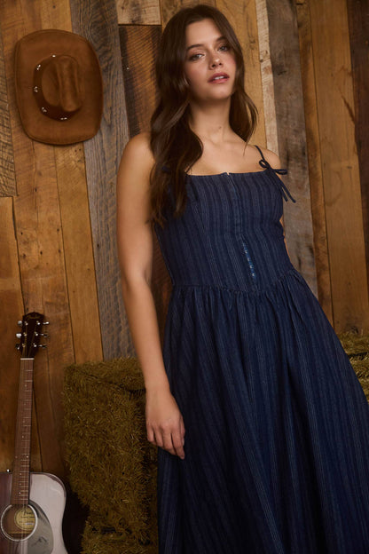 FRONT HOOK CORSET DENIM MIDI DRESS