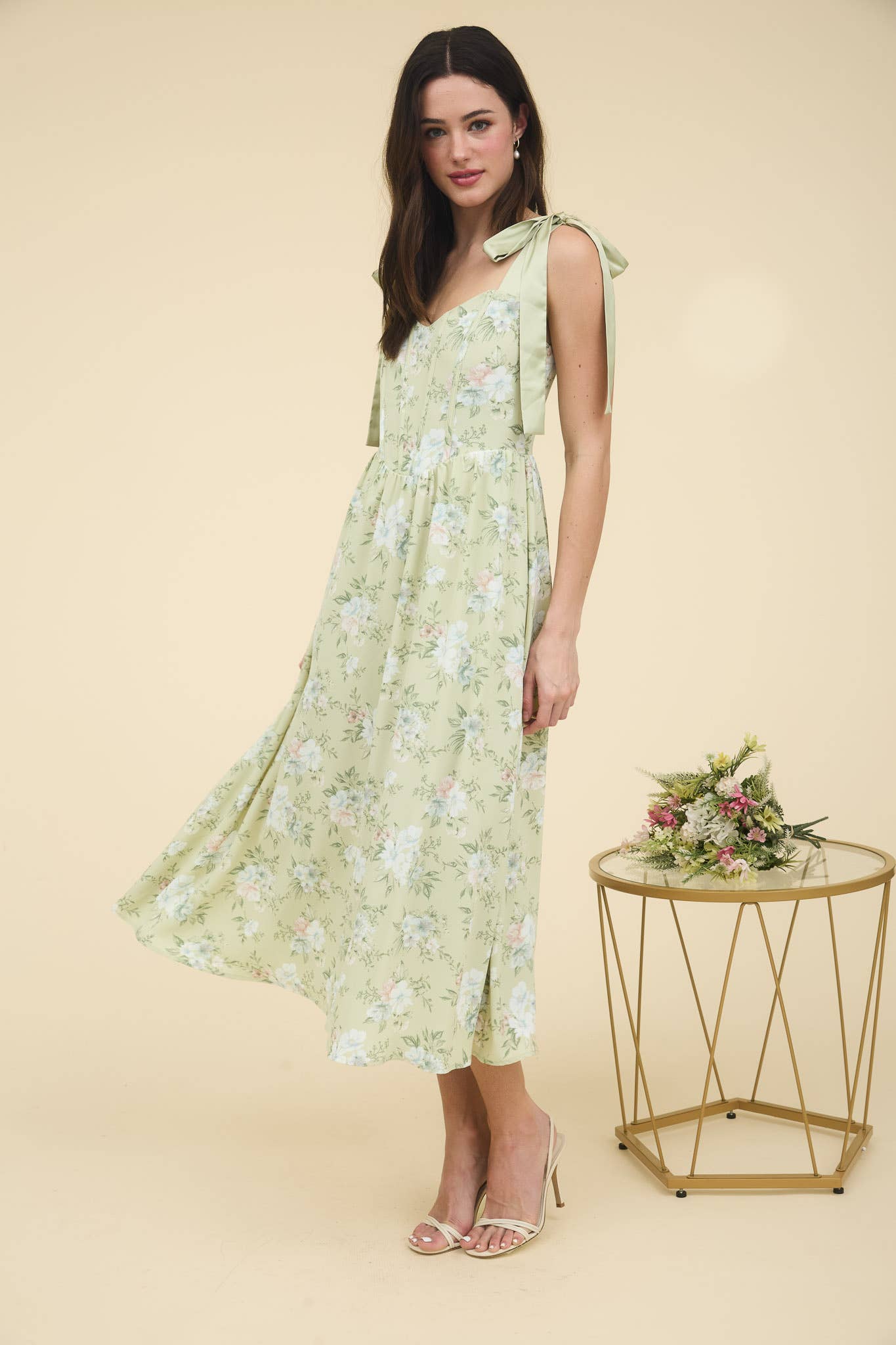 FLORAL CORSET DETAIL TIE STRAP MIDI DRESS