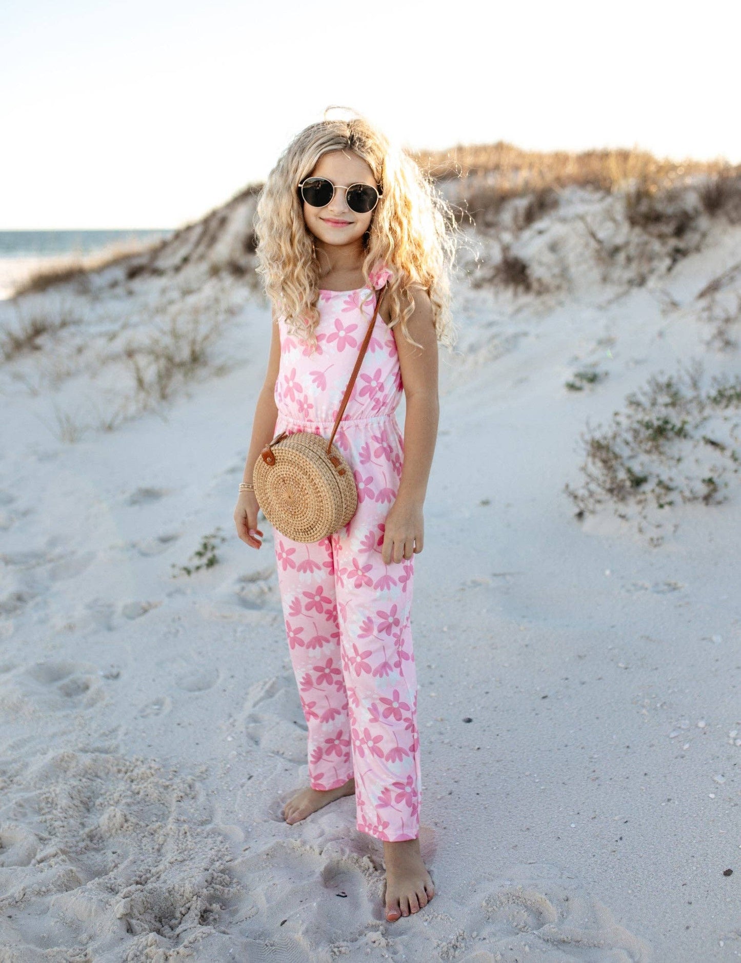 Kids Pink Floral Ruffle Pocket Jumpsuit