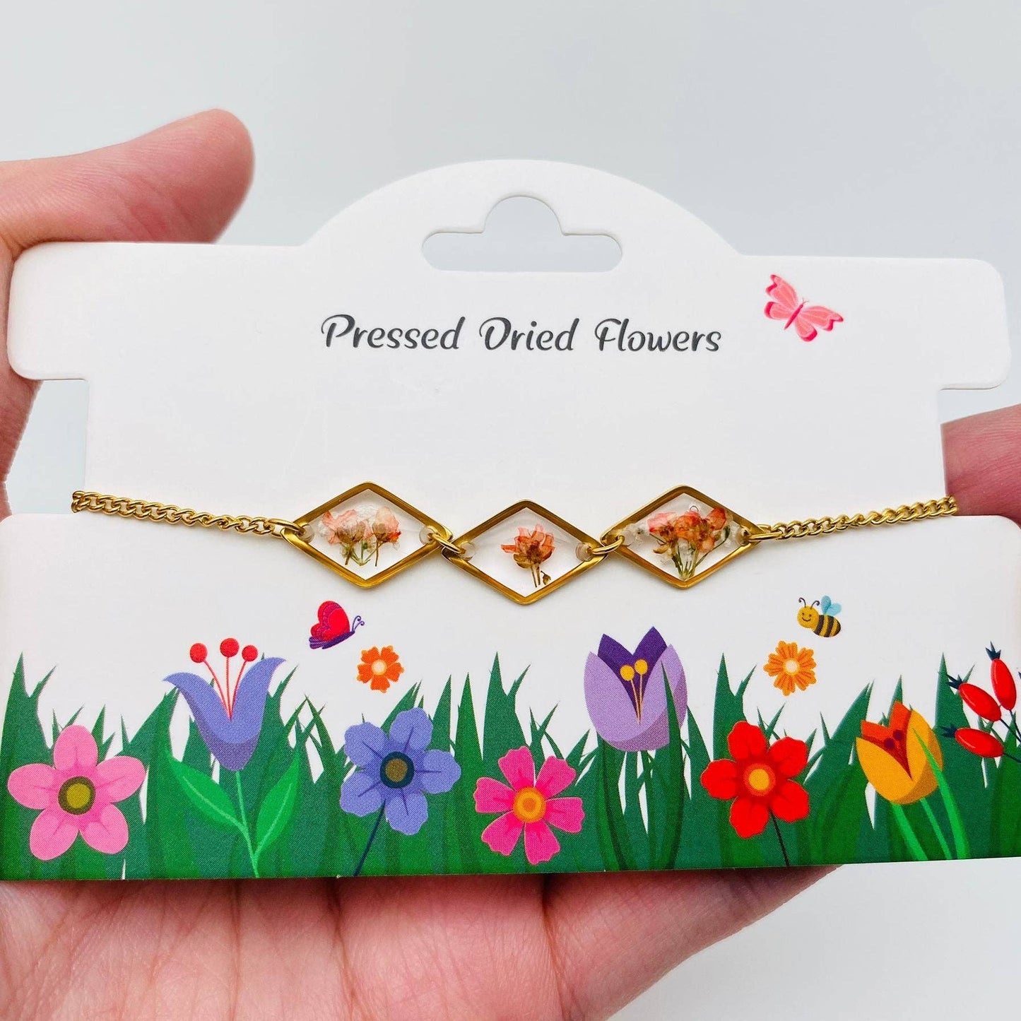 Dried Flowers Floral Geometric Charm Golden Bracelet