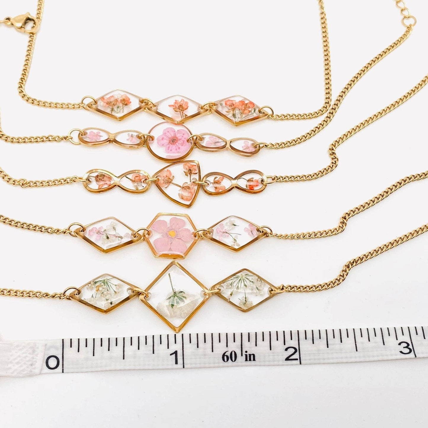 Dried Flowers Floral Geometric Charm Golden Bracelet