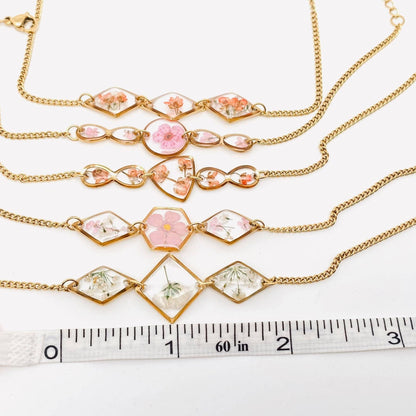 Dried Flowers Floral Geometric Charm Golden Bracelet