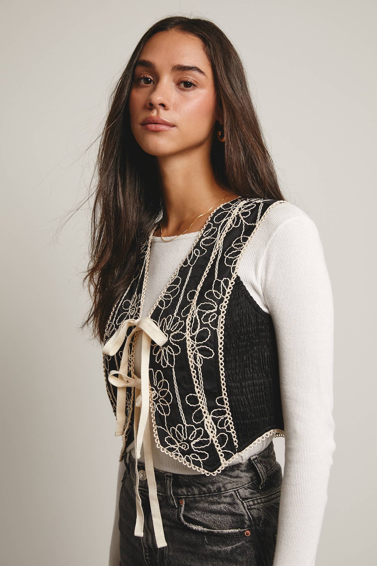 Embroidered Tie-Front Boho Vest