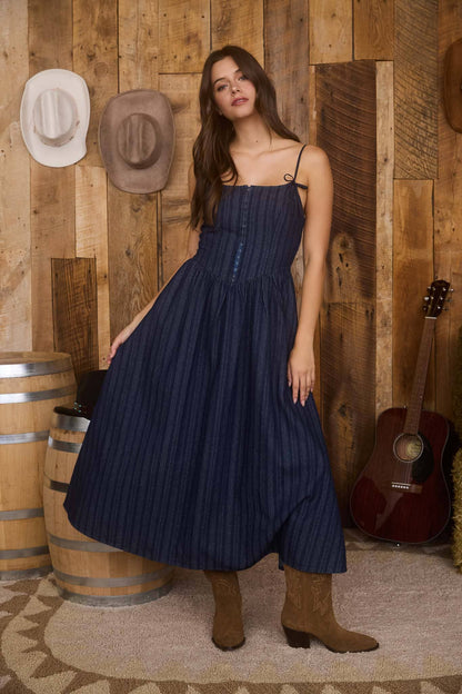 FRONT HOOK CORSET DENIM MIDI DRESS