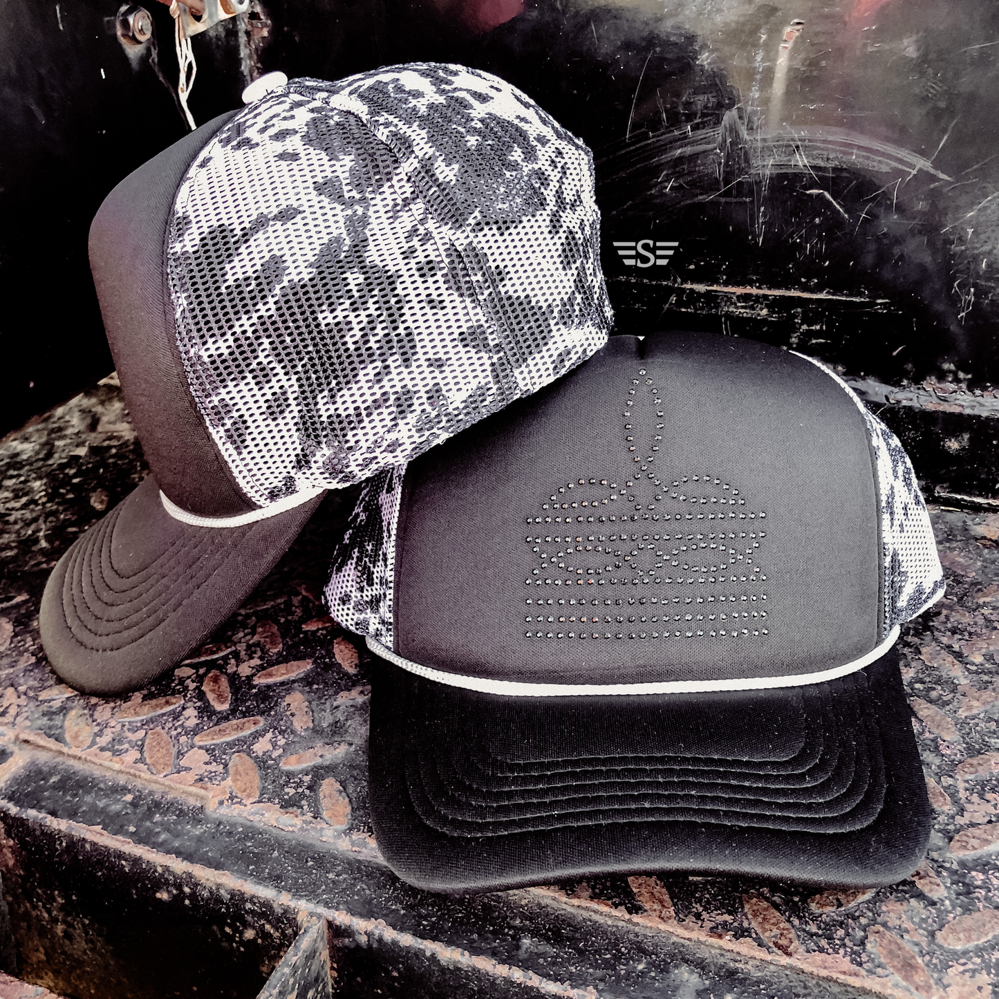 Rhinestone Boot Stitch Mesh Trucker Cap