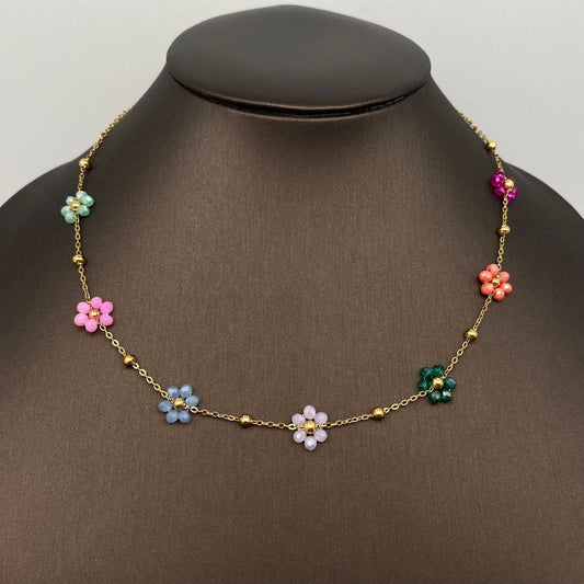 7 Color Glass Beaded Flowers 18K Gold Plated SS Necklace