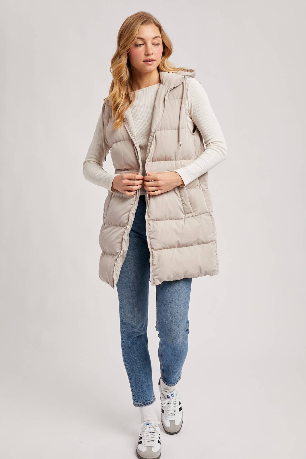 HOODED DOWN LONGLINE PUFFER VEST