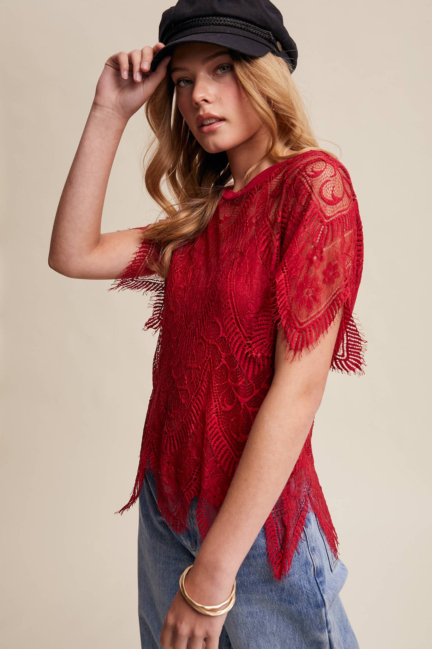 Scalloped Lace Short Sleeve Top