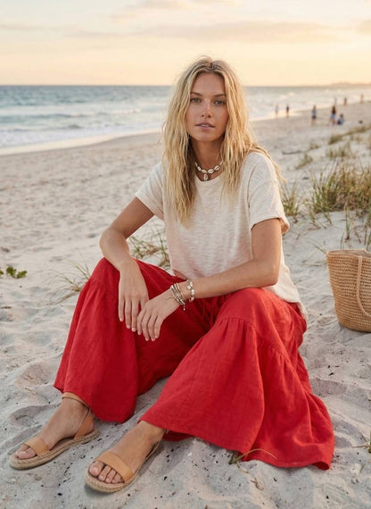 Linen Blend Tiered Wide Leg Palazzo Pants: RED / S