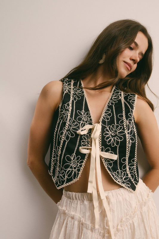 Embroidered Tie-Front Boho Vest