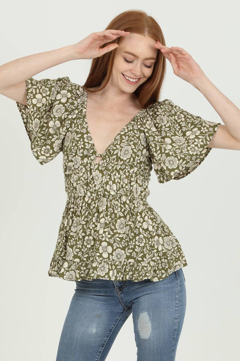 V NECK WIDE SLEEVE BLOUSE: S