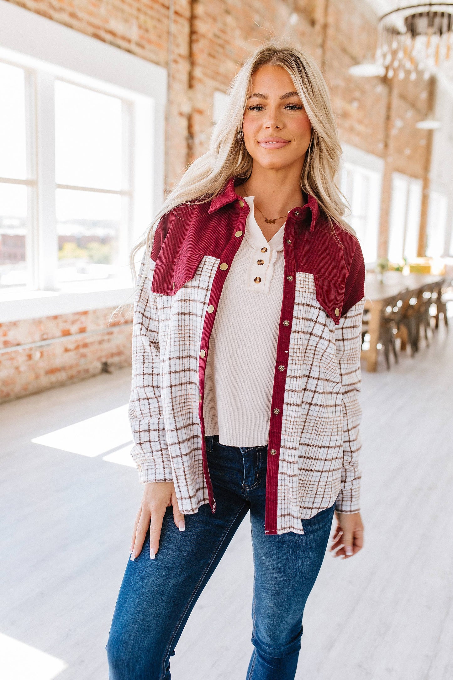 Plaid with Corduroy Accent Shacket