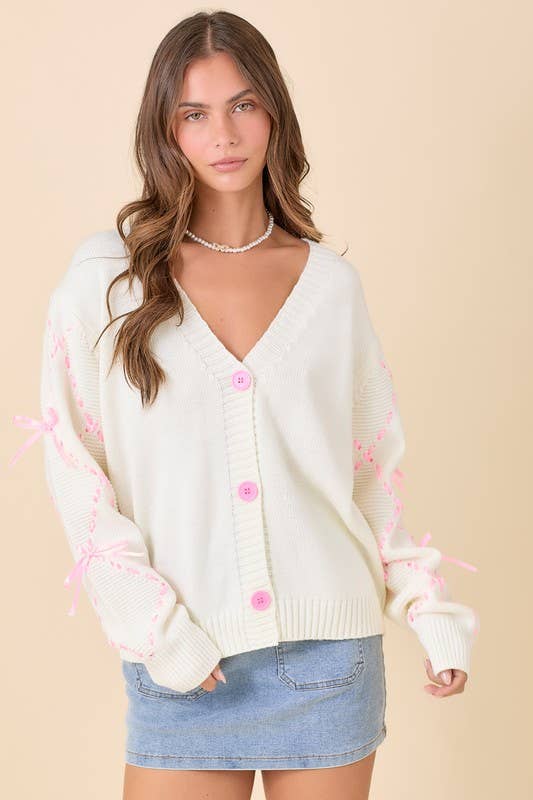 Hand Sewn Satin Ribbon Detail Cardigan