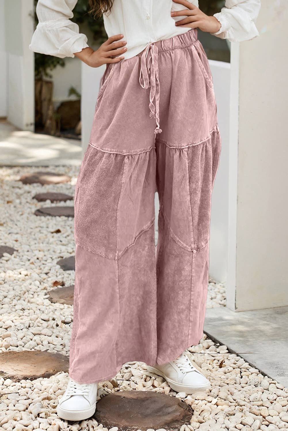Mineral Wash Tiered Wide Leg Pants