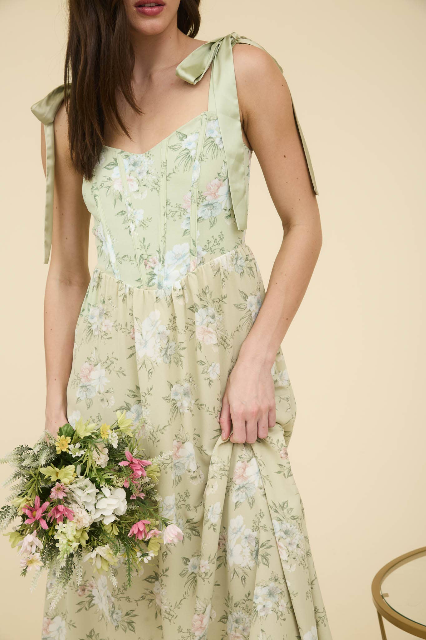 FLORAL CORSET DETAIL TIE STRAP MIDI DRESS