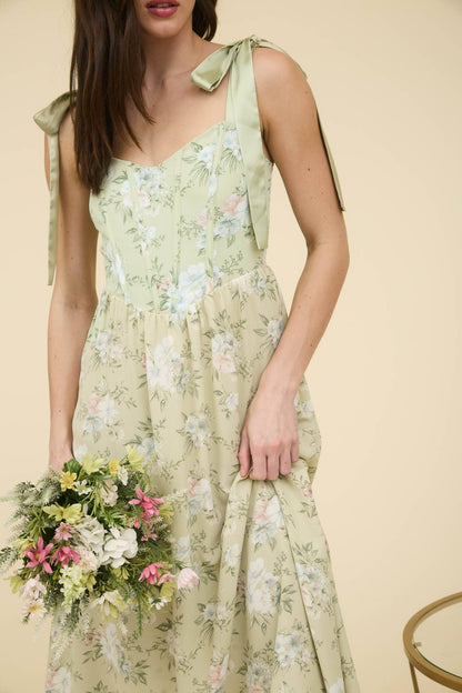 FLORAL CORSET DETAIL TIE STRAP MIDI DRESS