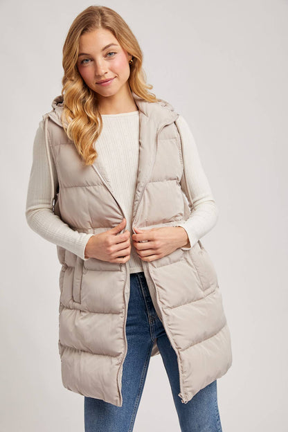 HOODED DOWN LONGLINE PUFFER VEST