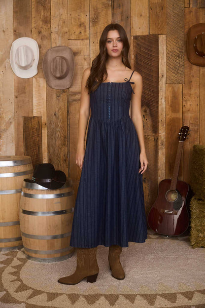 FRONT HOOK CORSET DENIM MIDI DRESS