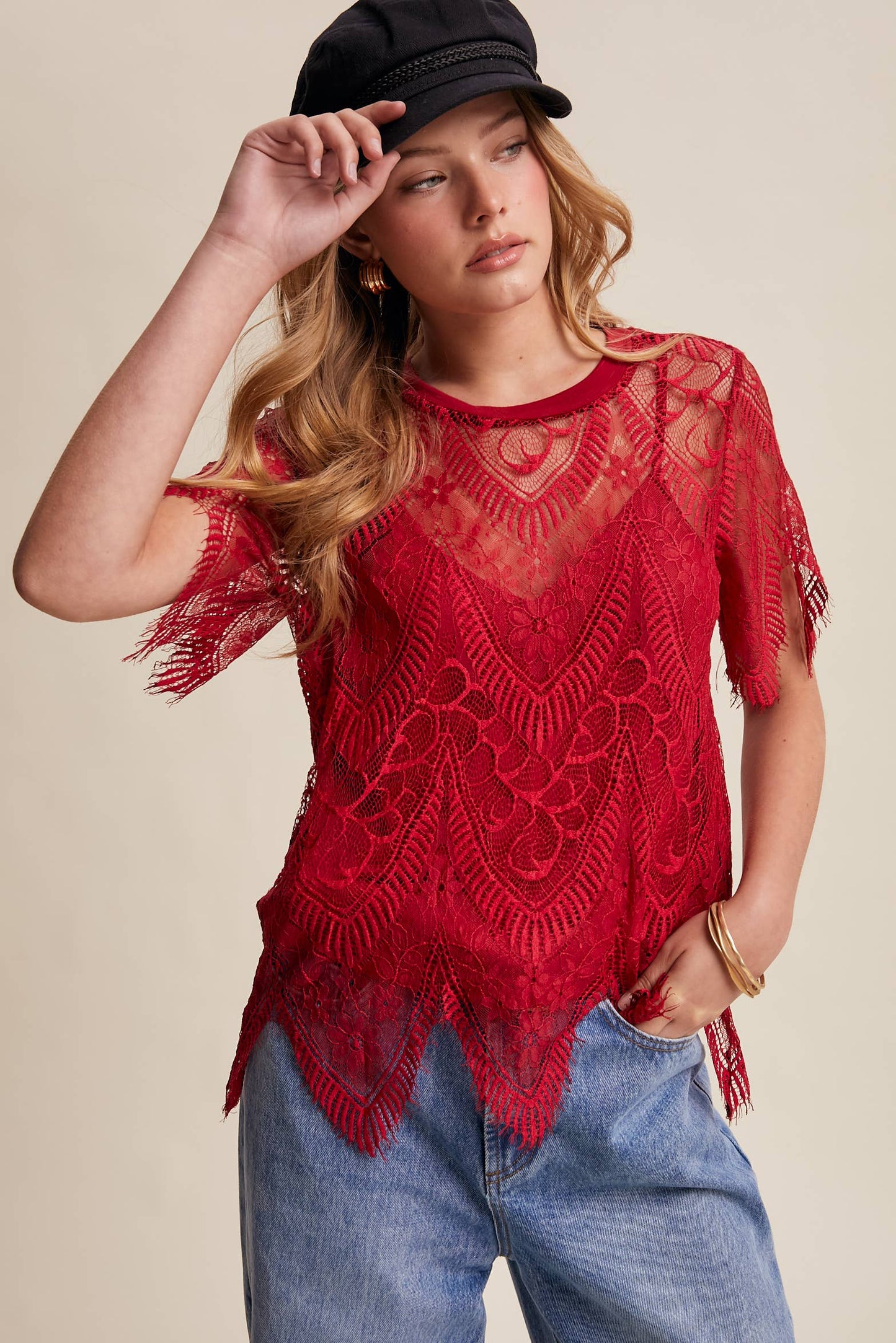 Scalloped Lace Short Sleeve Top