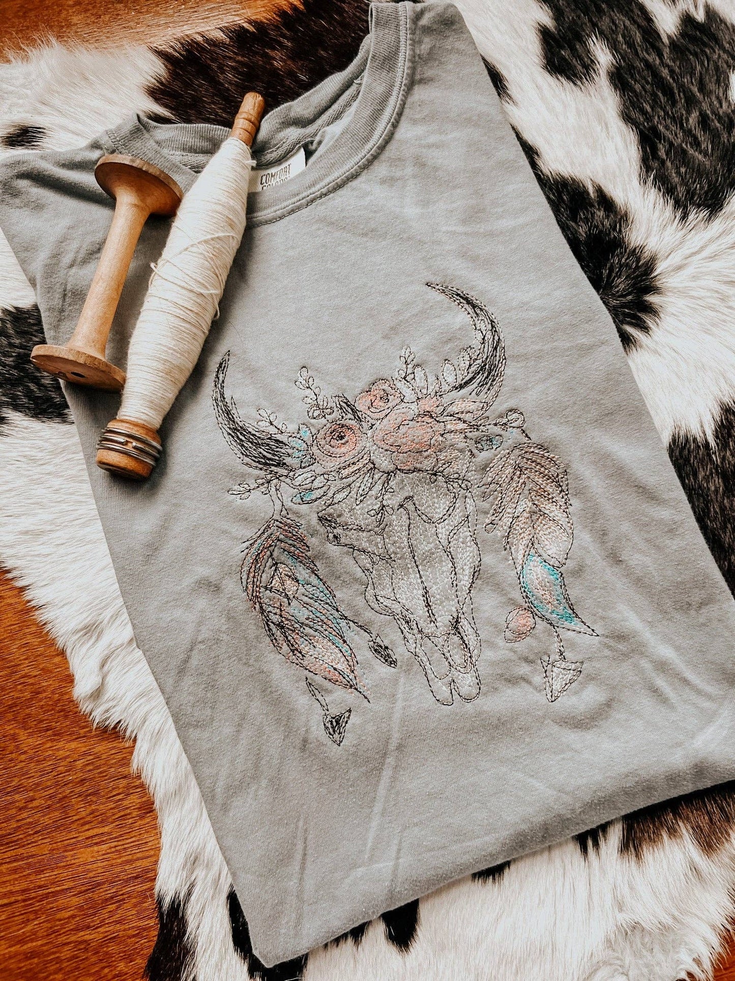 Boho Embroidered Cow Skull Tee