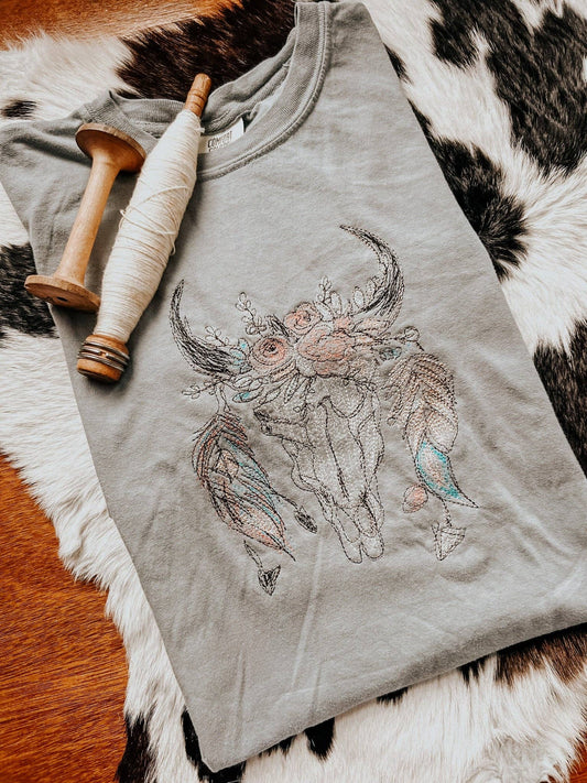 Boho Embroidered Cow Skull Tee