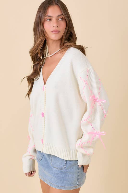 Hand Sewn Satin Ribbon Detail Cardigan