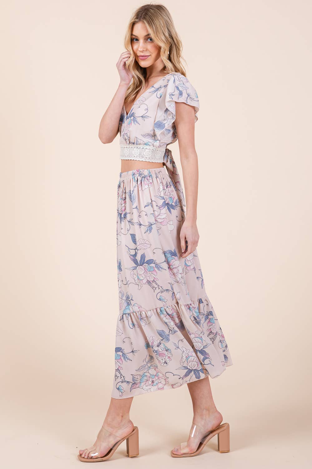 Floral Tie Back Blouse and Skirt Set