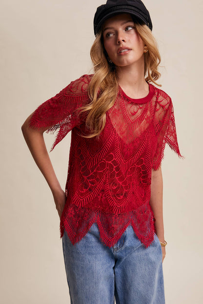 Scalloped Lace Short Sleeve Top