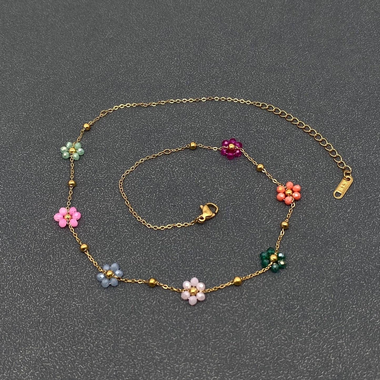 7 Color Glass Beaded Flowers 18K Gold Plated SS Necklace