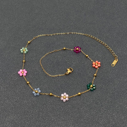 7 Color Glass Beaded Flowers 18K Gold Plated SS Necklace