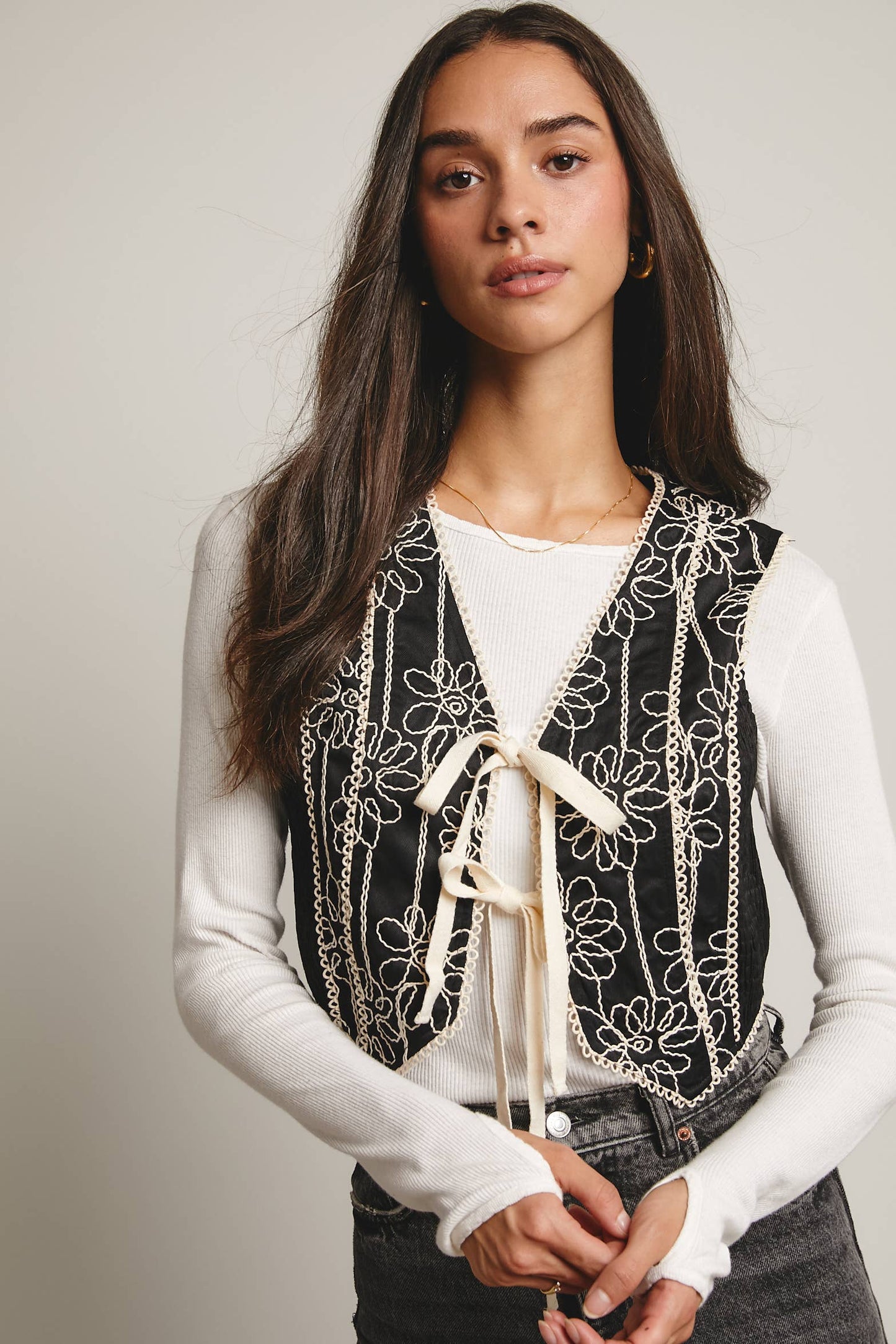 Embroidered Tie-Front Boho Vest