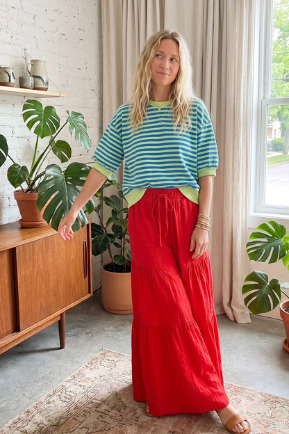 Linen Blend Tiered Wide Leg Palazzo Pants: RED / S