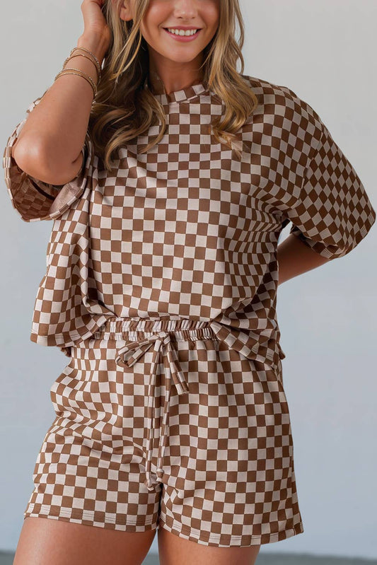 Plus Size Checkerboard Print Shorts Set