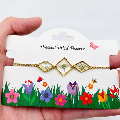 Dried Flowers Floral Geometric Charm Golden Bracelet