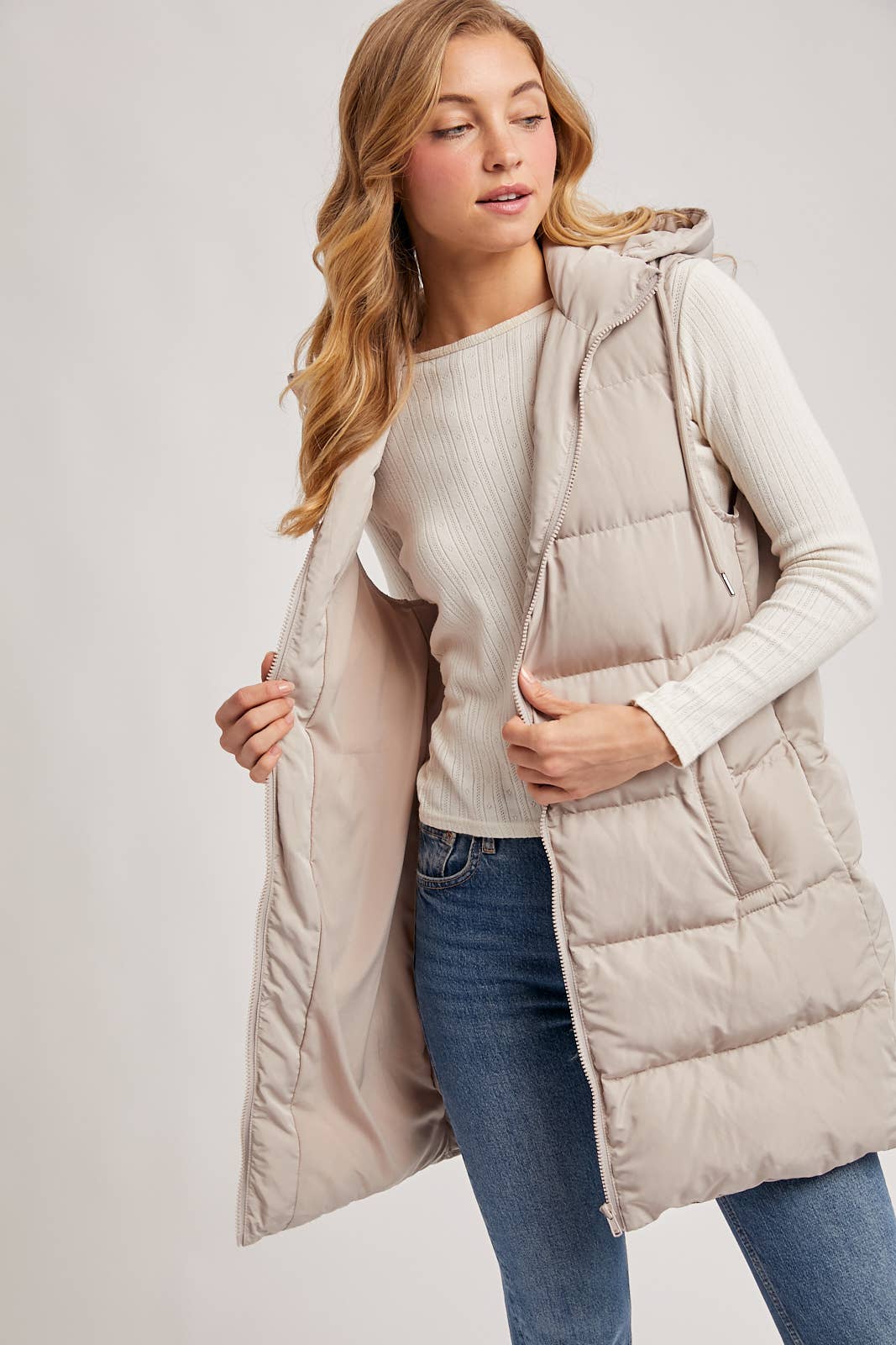 HOODED DOWN LONGLINE PUFFER VEST