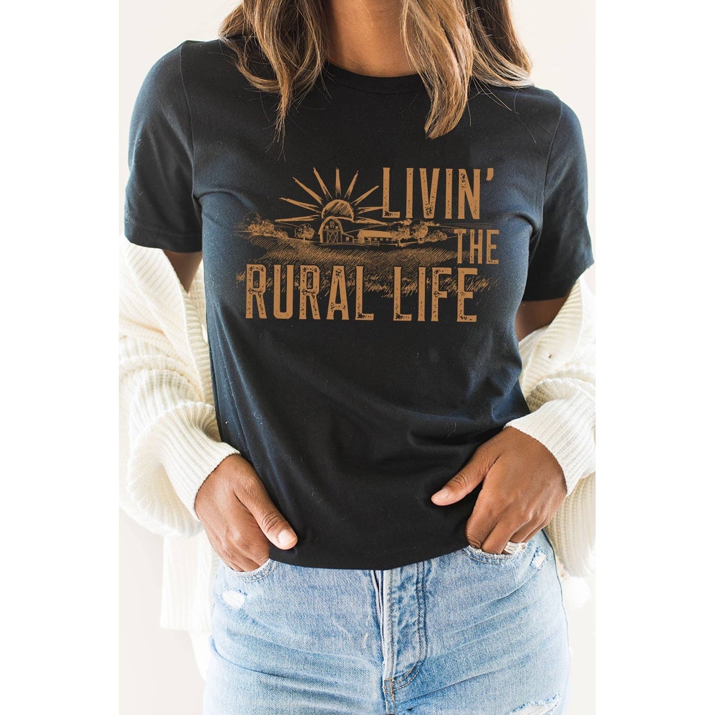 Livin The Rural Life, Rustic Chic, Western, Farm Graphic Tee: HEATHER BLACK / L